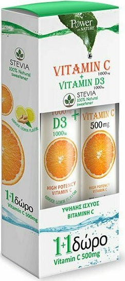 Power Health Vit.C 1000mg & Vit.D3 1000iu Stevia 24 Αναβράζντα & Δώρο VitC 500mg 20 Αναβράζοντα Δισκία
