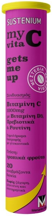 Menarini Sustenium My Vita C Gets Me Up  Με Βιταμίνη D3 Γεύση Τροπικά Φρούτα, 20 Aναβράζοντα Δισκία