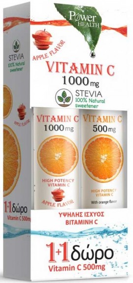 Power Health Vitamin C 1.000mg Στέβια 24 Αναβράζοντα Δισκία Γεύση Μήλου + Δώρο Vitamin C 500mg , 20 Αναβράζοντα Δισκία