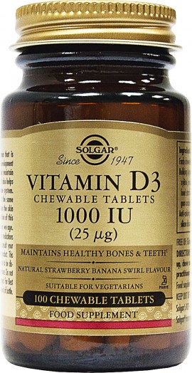 Solgar Vitamin D3 1000IU, 100 Μασώμενες Ταμπλέτες Φράουλα- Μπανάνα