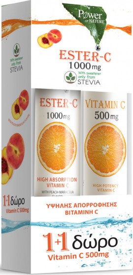 Power Health Vit Ester-C 1000mg Mε Στέβια 24 Αναβράζοντα Δισκία Ροδάκινο & Δώρο Vitamin C 500mg Πορτοκάλι 20 Αναβράζοντα Δισκία